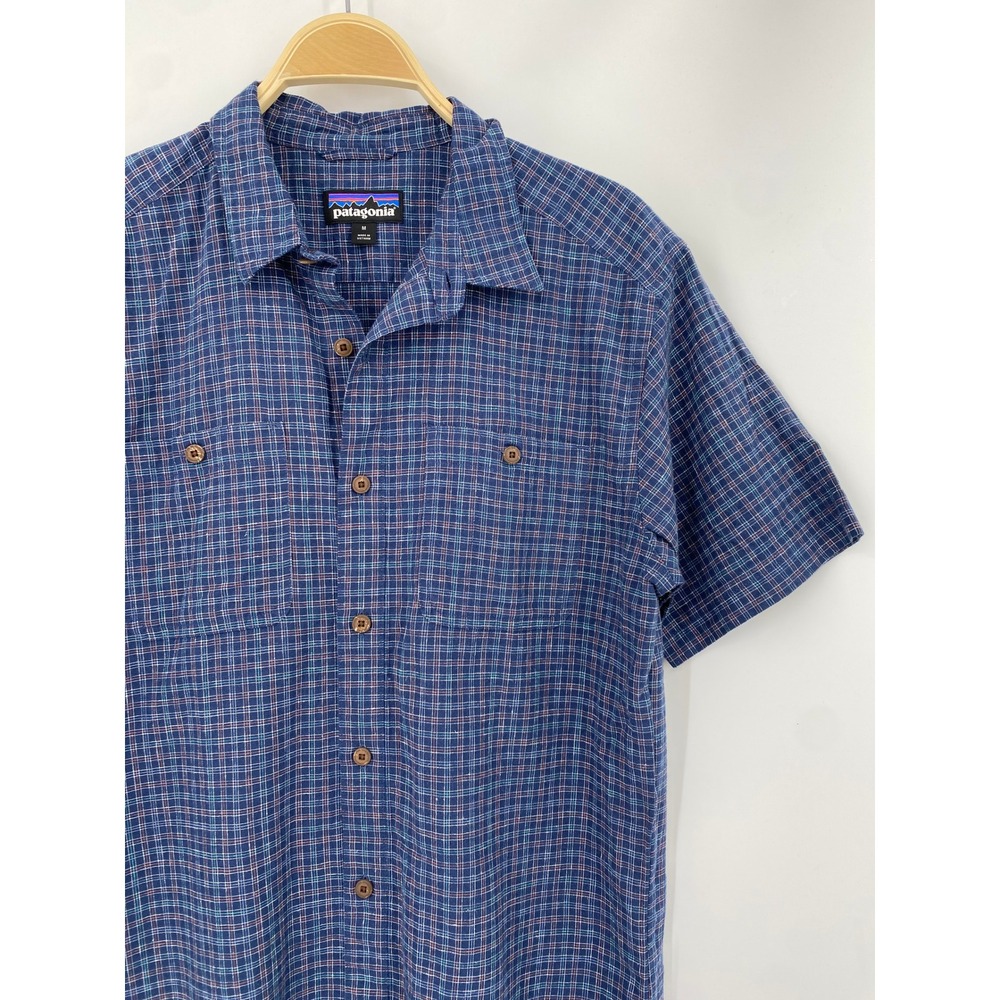 Patagonia Button Up Shirt Mens Medium Blue Plaid Hemp Organic Cotton SS